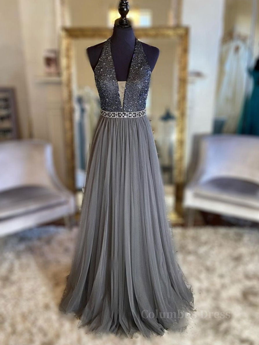 Homecoming Dresses Sparkle, Gray v neck tulle beads long prom dress, gray tulle formal dress