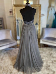 Homecoming Dress Sparkles, Gray v neck tulle beads long prom dress, gray tulle formal dress