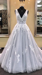 Evening Dress Princess, Gray v neck tulle lace applique long prom dress, gray evening dress