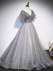 Formal Dress Stores, Gray V Neck Tulle Long Prom Dress, Gray Tulle Sequin Evening Dress