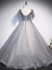 Formal Dresses Online, Gray V Neck Tulle Long Prom Dress, Gray Tulle Sequin Evening Dress