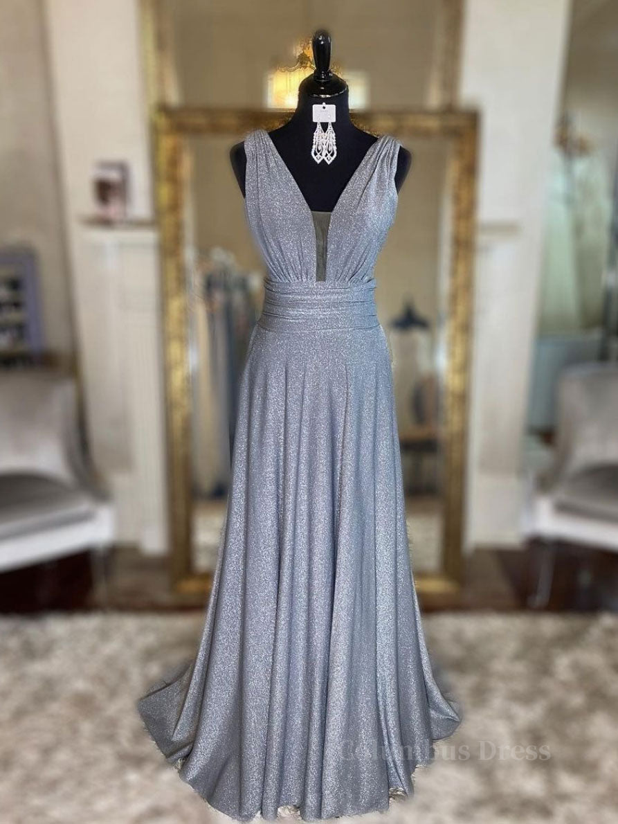 Homecoming Dresses Sparkles, Gray v neck tulle sequin long prom dress, gray evening dress