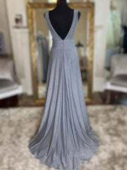 Homecoming Dresses Black, Gray v neck tulle sequin long prom dress, gray evening dress