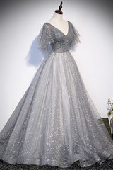 Bridesmaids Dresses Spring, Gray V-Neck Tulle Sequins Long Prom Dress, A-Line Short Sleeve Evening Dress