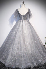 Bridesmaid Dress Spring, Gray V-Neck Tulle Sequins Long Prom Dress, A-Line Short Sleeve Evening Dress