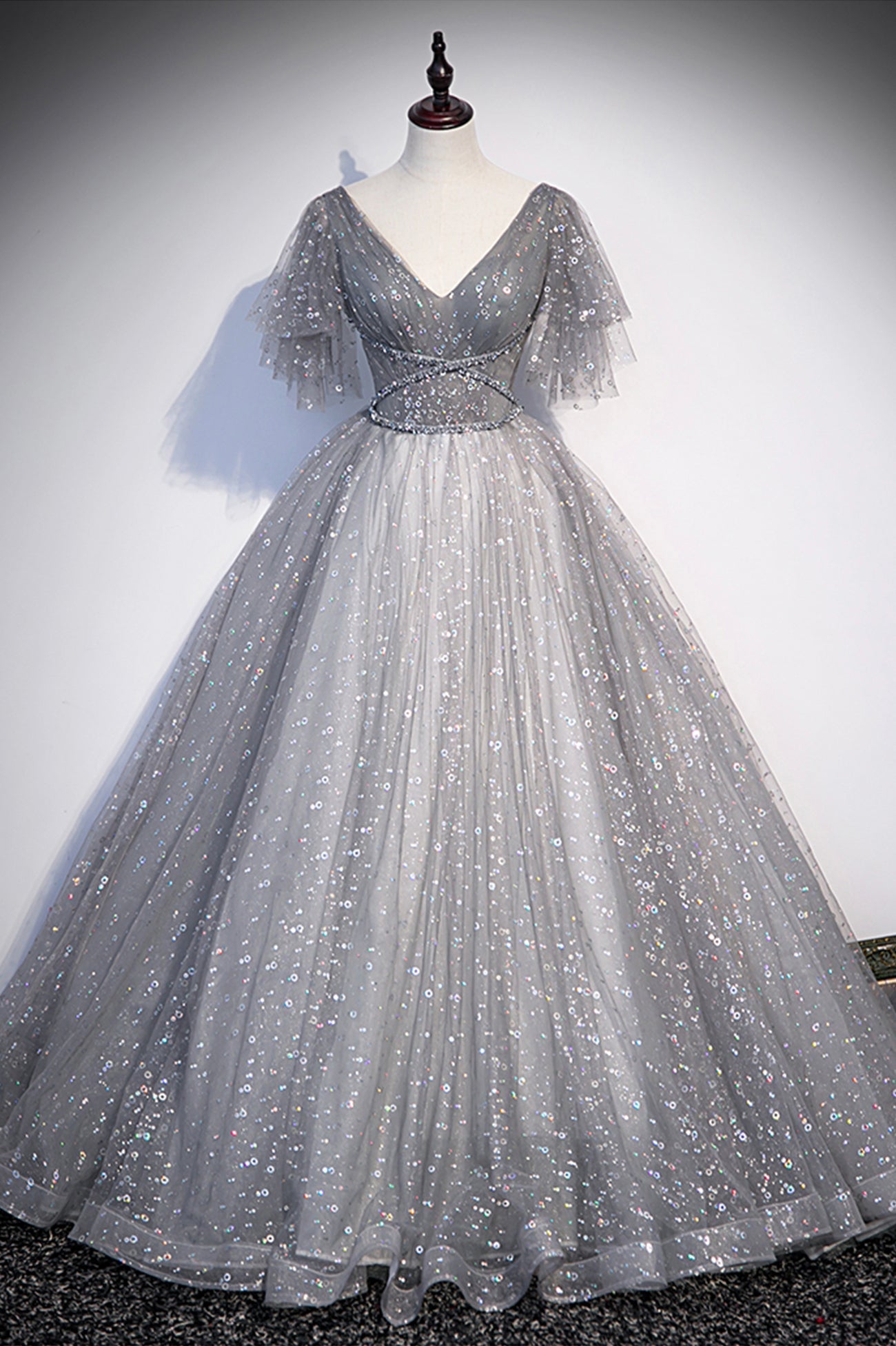 Bridesmaid Dresses On Sale, Gray V-Neck Tulle Sequins Long Prom Dress, A-Line Short Sleeve Evening Dress