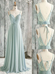 Formal Dress Classy Elegant, Green A line Chiffon Lace Long Prom Dress, Lace Bridesmaid Dress