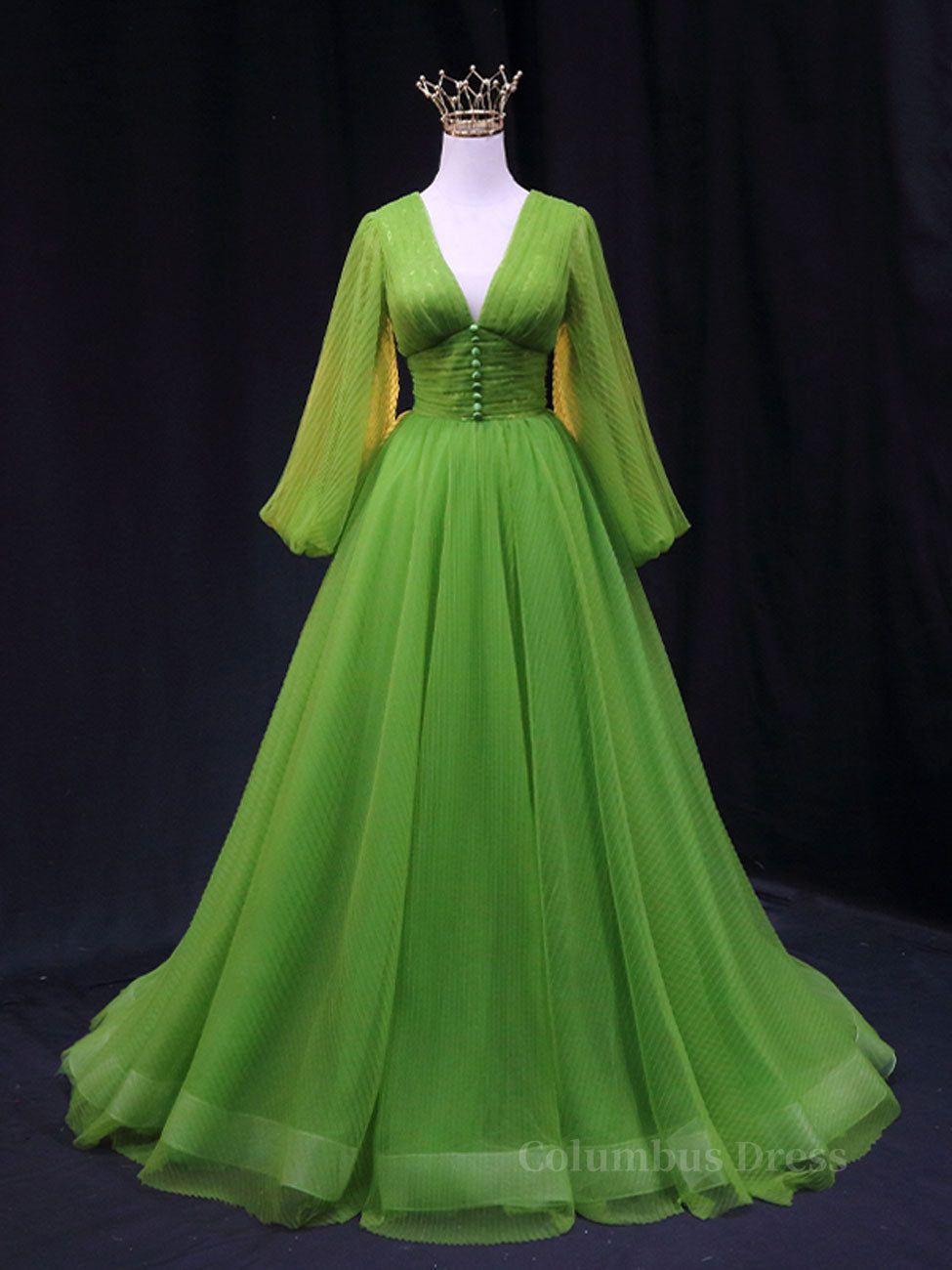 Prom Dress Chicago, Green A Line Long Prom Dresses, V Neck Green Tulle Long Formal Evening Dresses