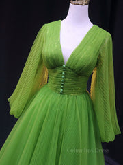 Prom Dresses Chicago, Green A Line Long Prom Dresses, V Neck Green Tulle Long Formal Evening Dresses