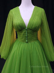 Prom Dresses Glitter, Green A Line Long Prom Dresses, V Neck Green Tulle Long Formal Evening Dresses