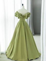 Prom Dresse Backless, Green A-Line Satin Long Prom Dresses, Green Formal Evening Dress