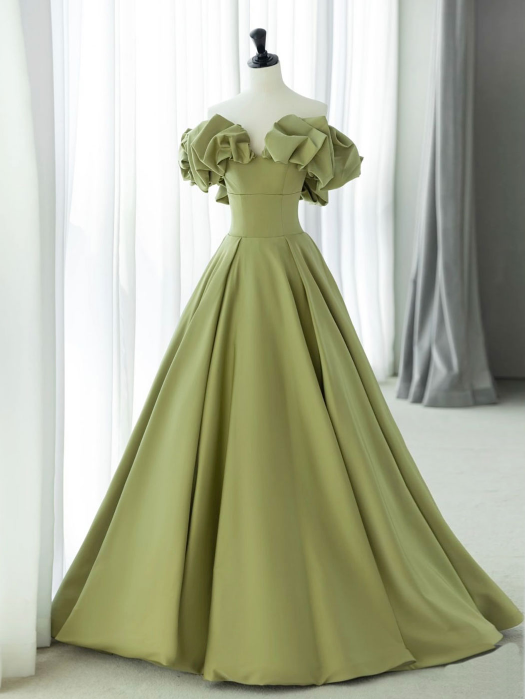 Prom Dress Off The Shoulder, Green A-Line Satin Long Prom Dresses, Green Formal Evening Dress