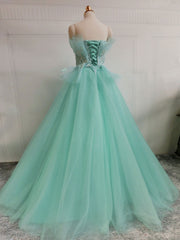 Prom Dresses Backless, Green  A-Line Tulle Lace Long Prom Dress, Green Sweet 16 Dress