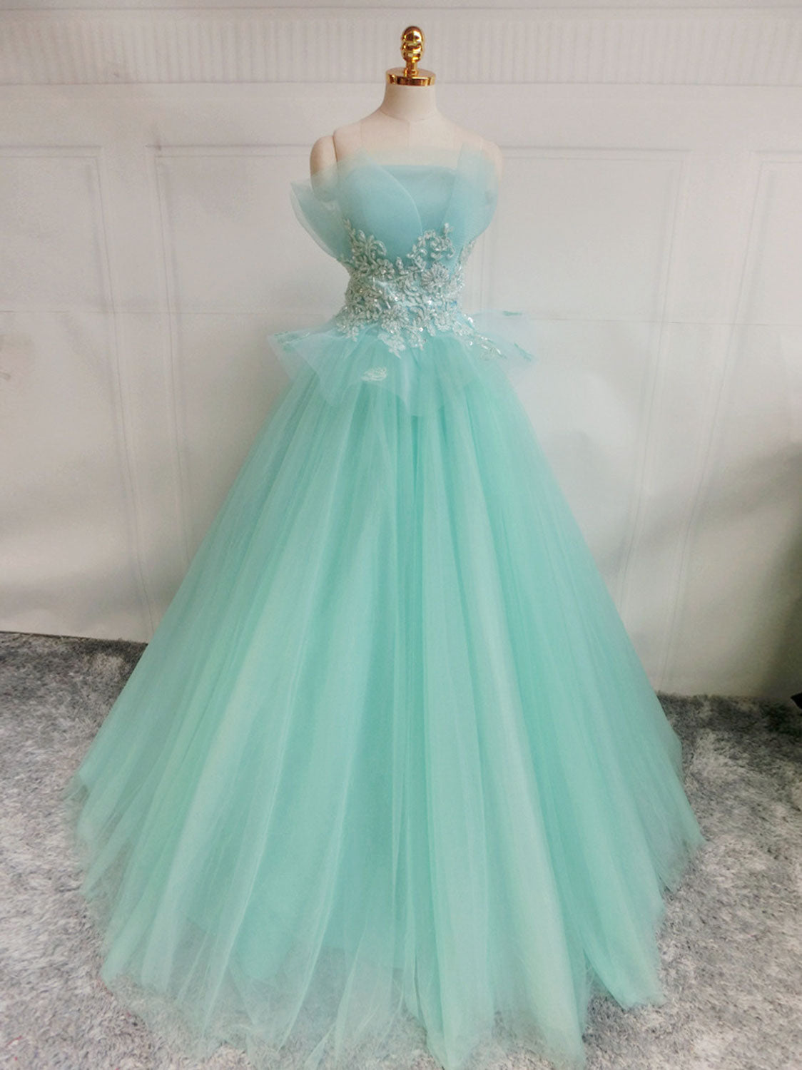 Prom Dress Aesthetic, Green  A-Line Tulle Lace Long Prom Dress, Green Sweet 16 Dress