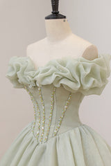 Homemade Ranch Dress, Green A-Line Tulle Long Prom Dress with Beaded, Off the Shoulder Evening Dress