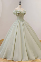 Ranch Dress, Green A-Line Tulle Long Prom Dress with Beaded, Off the Shoulder Evening Dress