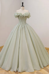 Sun Dress, Green A-Line Tulle Long Prom Dress with Beaded, Off the Shoulder Evening Dress