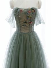Party Dress Shiny, Green A-line Tulle with Lace Applique Long Formal Dress, Green Prom Dress