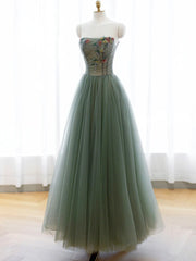 Party Dresses For Girls, Green A-line Tulle with Lace Applique Long Formal Dress, Green Prom Dress