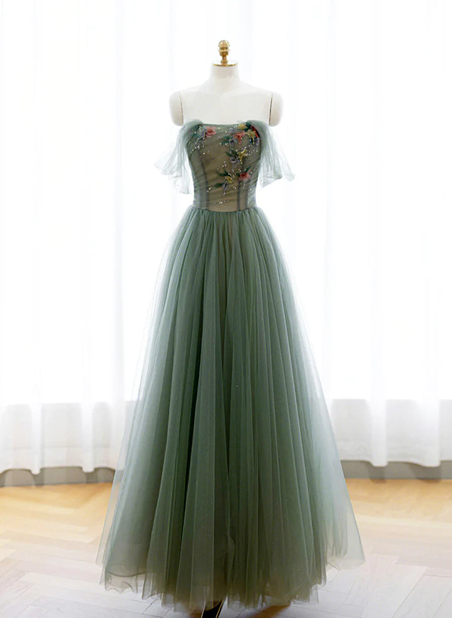 Party Dress In White, Green A-line Tulle with Lace Applique Long Formal Dress, Green Prom Dress