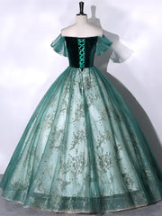 Formal Dress Boutiques Near Me, Green Ball Gown Tulle Beaded Off Shoulder Sweet 16 Dress, Green Evening Gown