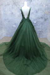 Prom Dresses Shopping, Green Beaded and Lace V-neckline Low Back Long Party Dresses, Green Evening Dress Party Dresses