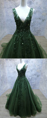 Prom Dress Shops, Green Beaded and Lace V-neckline Low Back Long Party Dresses, Green Evening Dress Party Dresses