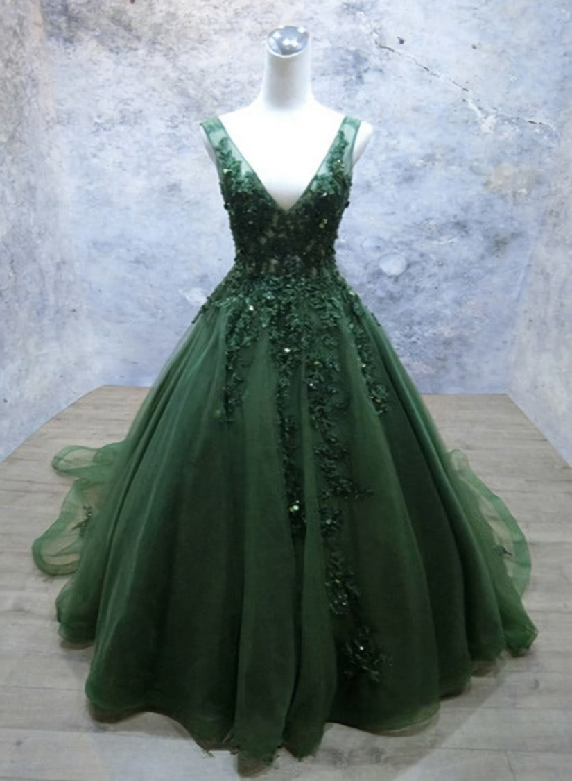 Prom Dresses Shop, Green Beaded and Lace V-neckline Low Back Long Party Dresses, Green Evening Dress Party Dresses