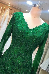 Bridesmaid Dresses Fall, Green Beaded Lace Bride Mother's Evening Gown Long Sleeve
