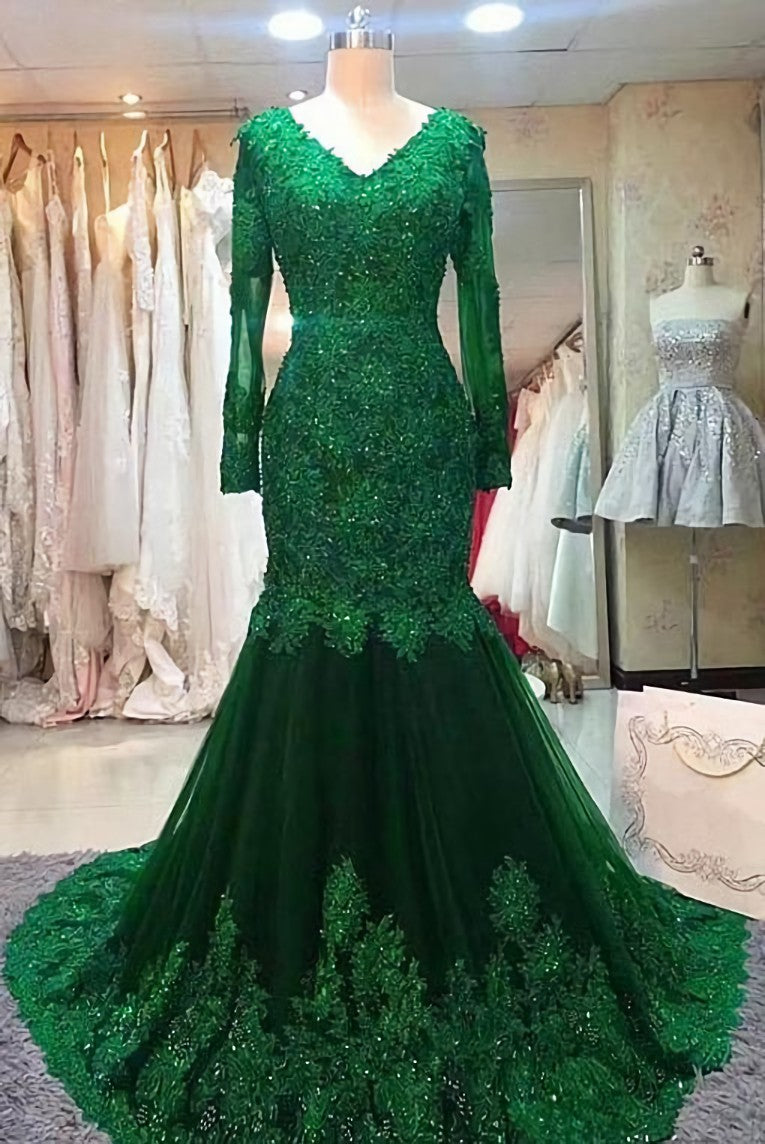 Bridesmaid Dresses Ideas, Green Beaded Lace Bride Mother's Evening Gown Long Sleeve