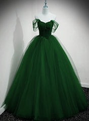 Bridesmaids Dresses Colorful, Green Beaded Tulle Off Shoulder Long Party Dress, Green Tulle A-line Prom Dress