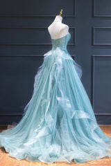 Party Dress Ideas, Green Lace Tulle A-Line Long Formal Dress, Green Strapless Evening Dress