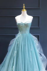 Party Dresses Short, Green Lace Tulle A-Line Long Formal Dress, Green Strapless Evening Dress