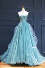 Party Dresses For Teens, Green Lace Tulle A-Line Long Formal Dress, Green Strapless Evening Dress