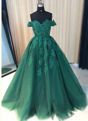 Prom Dressed Long, Green Off Shoulder Ball Gown Party Dress, Gorgeous Tulle Evening Formal Dress