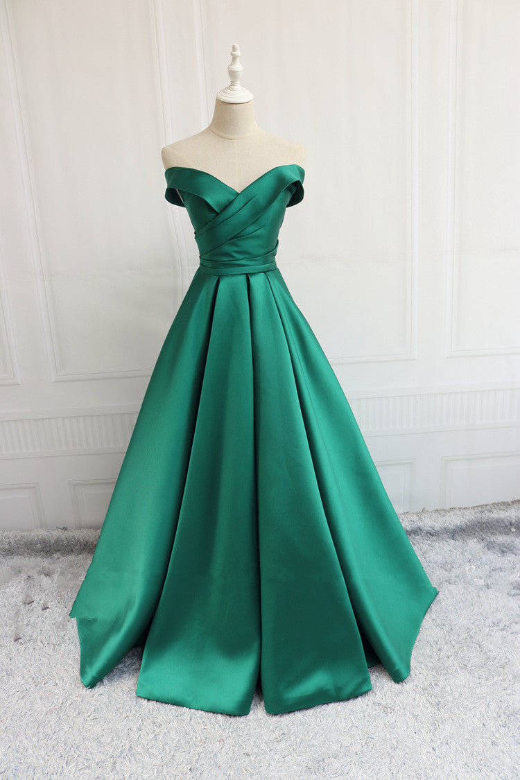 Party Dress Silk, Green Off Shoulder Fashionable Long Evening Dress, Satin Long Prom Dress