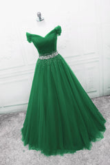 Formal Dresses For Fall Wedding, Green Off Shoulder Tulle Beaded A-line Formal Dress, Green Floor Length Long Prom Dress