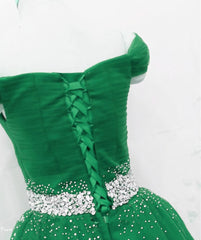Formal Dress For Girls, Green Off Shoulder Tulle Beaded A-line Formal Dress, Green Floor Length Long Prom Dress