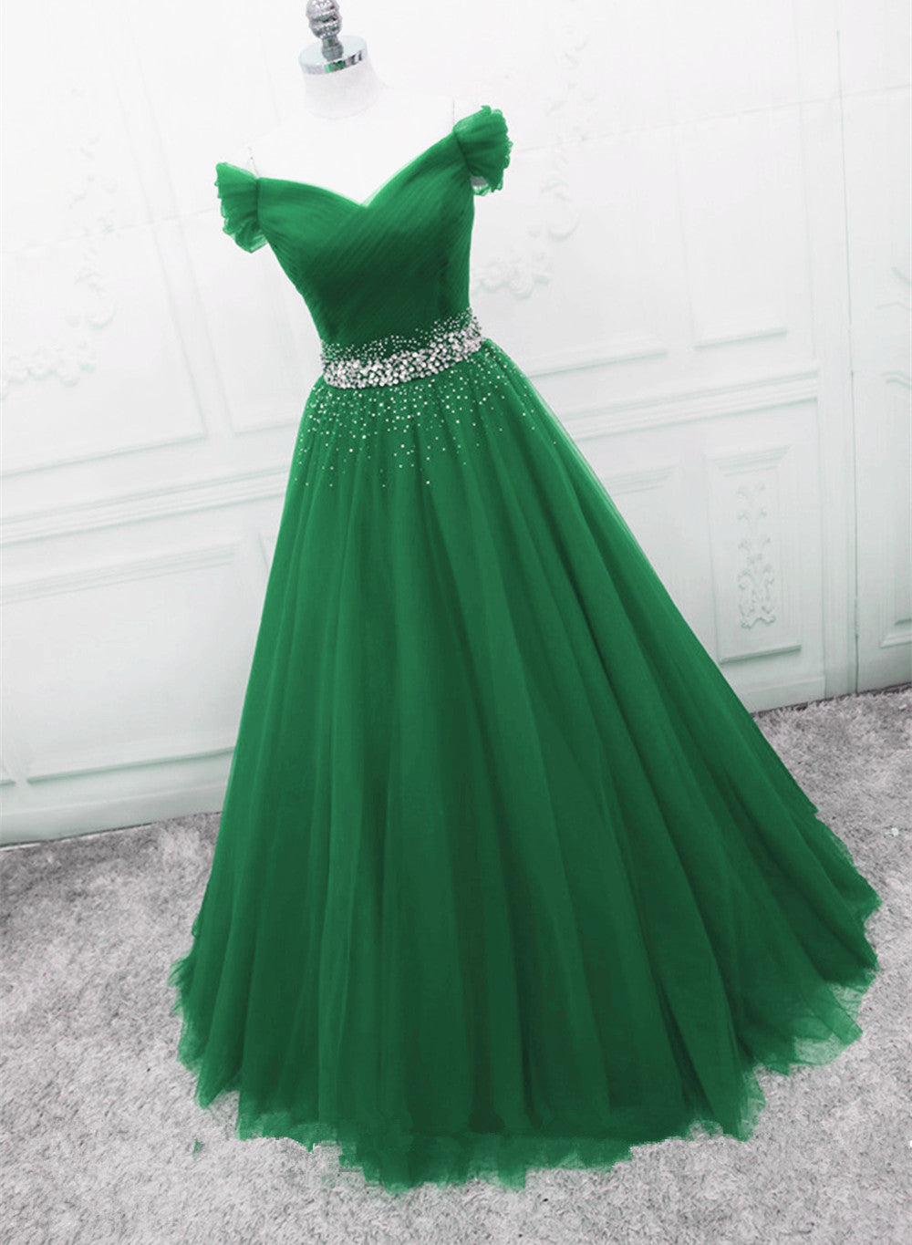 Formal Dresses For Winter Wedding, Green Off Shoulder Tulle Beaded A-line Formal Dress, Green Floor Length Long Prom Dress