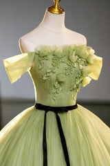 Bridesmaids Dress Cheap, Green Off-Shoulder Tulle Long Formal Dress, A-Line Evening Dress