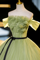 Bridesmaid Dress Designers, Green Off-Shoulder Tulle Long Formal Dress, A-Line Evening Dress