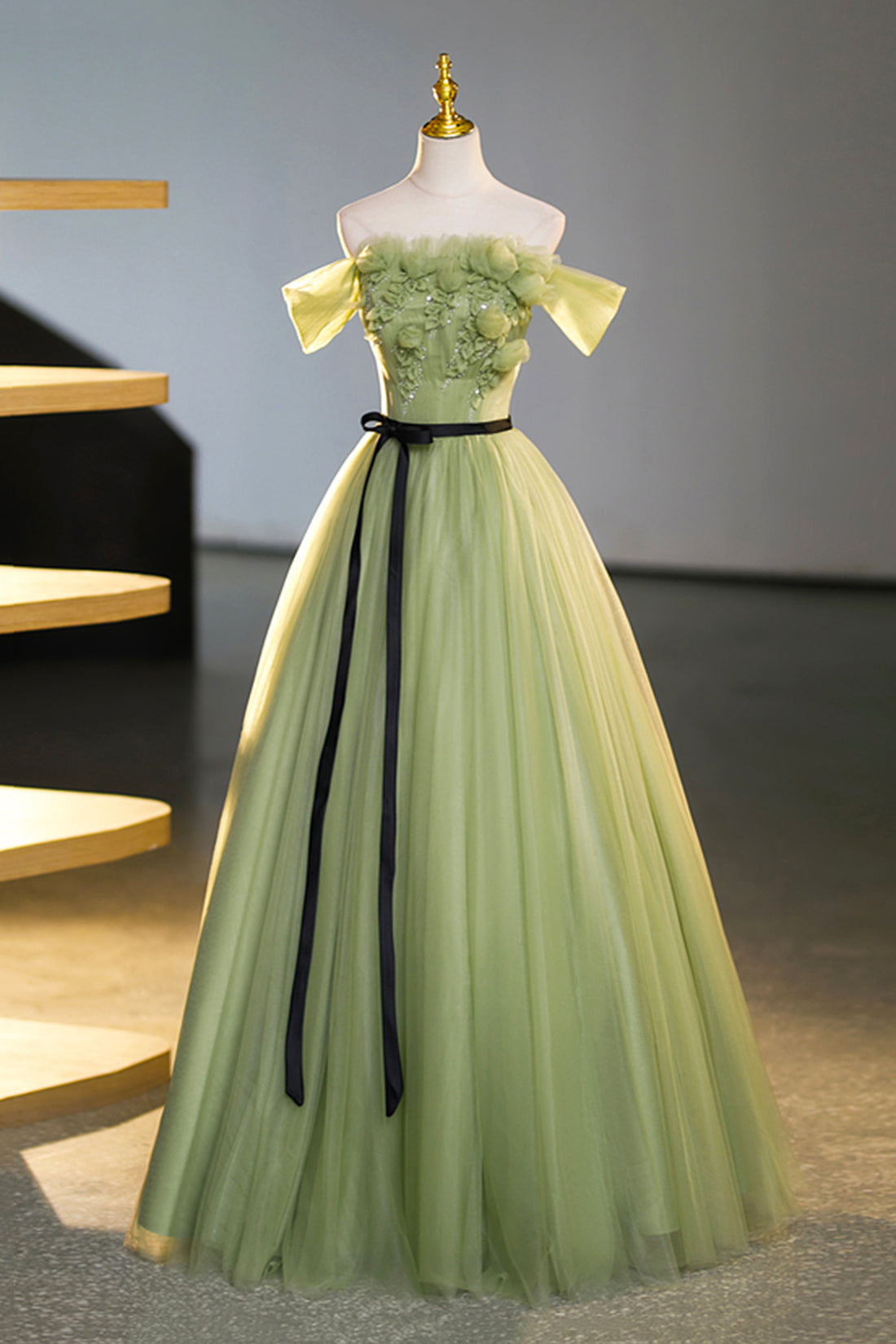 Bridesmaid Dress Cheap, Green Off-Shoulder Tulle Long Formal Dress, A-Line Evening Dress