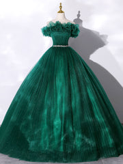 Bridesmaid Dresses Earth Tones, Green Off Shoulder Tulle Long Prom Dress, Green Sweet 16 Dress