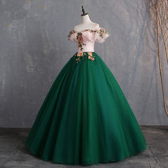 Homecomming Dresses Floral, Green Off Shoulder Tulle with Lace Formal Gown, Green Evening Sweet 16 Dresses