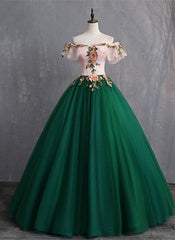Homecoming Dress Floral, Green Off Shoulder Tulle with Lace Formal Gown, Green Evening Sweet 16 Dresses