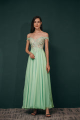 Party Dresses Prom, Off The Shoulder Charming Long Chiffon Prom Dresses With Appliques