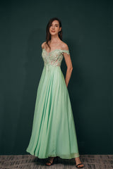 Party Dresse Idea, Off The Shoulder Charming Long Chiffon Prom Dresses With Appliques