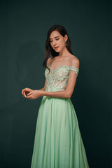 Party Dresses Idea, Off The Shoulder Charming Long Chiffon Prom Dresses With Appliques