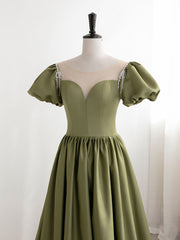 Vintage Prom Dress, Green Puff Sleeves Satin Long Prom Dress, Green Long Formal Dresses