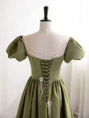 Prom Theme, Green Puff Sleeves Satin Long Prom Dress, Green Long Formal Dresses